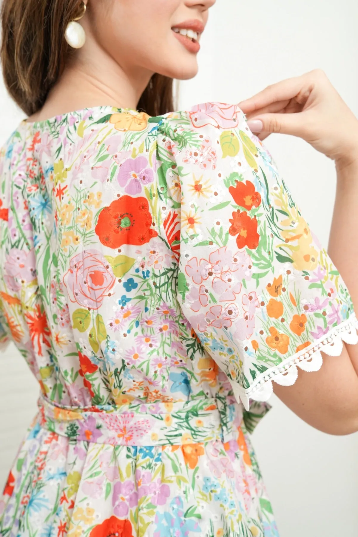 LENA Tie-Waist Tiered Broderie Floral Dress