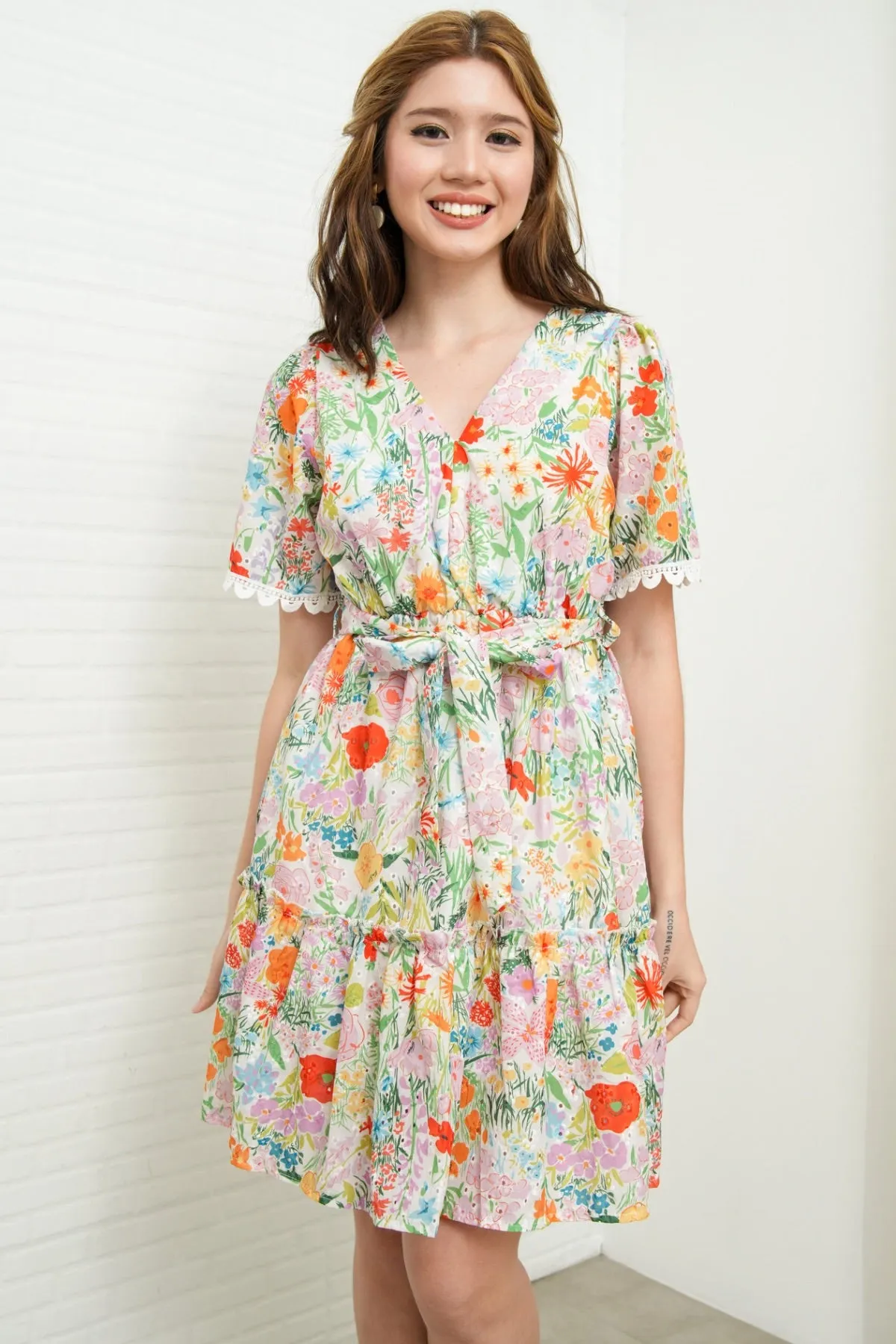 LENA Tie-Waist Tiered Broderie Floral Dress