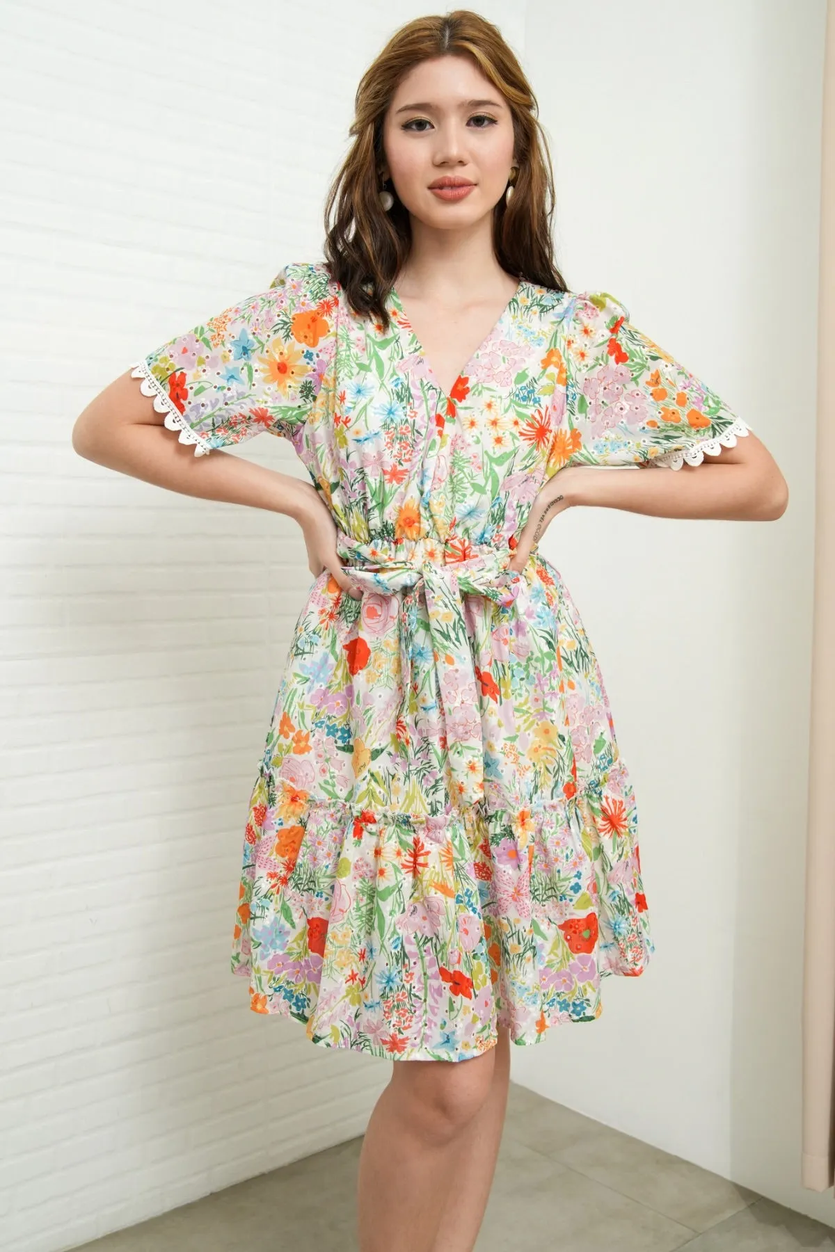 LENA Tie-Waist Tiered Broderie Floral Dress