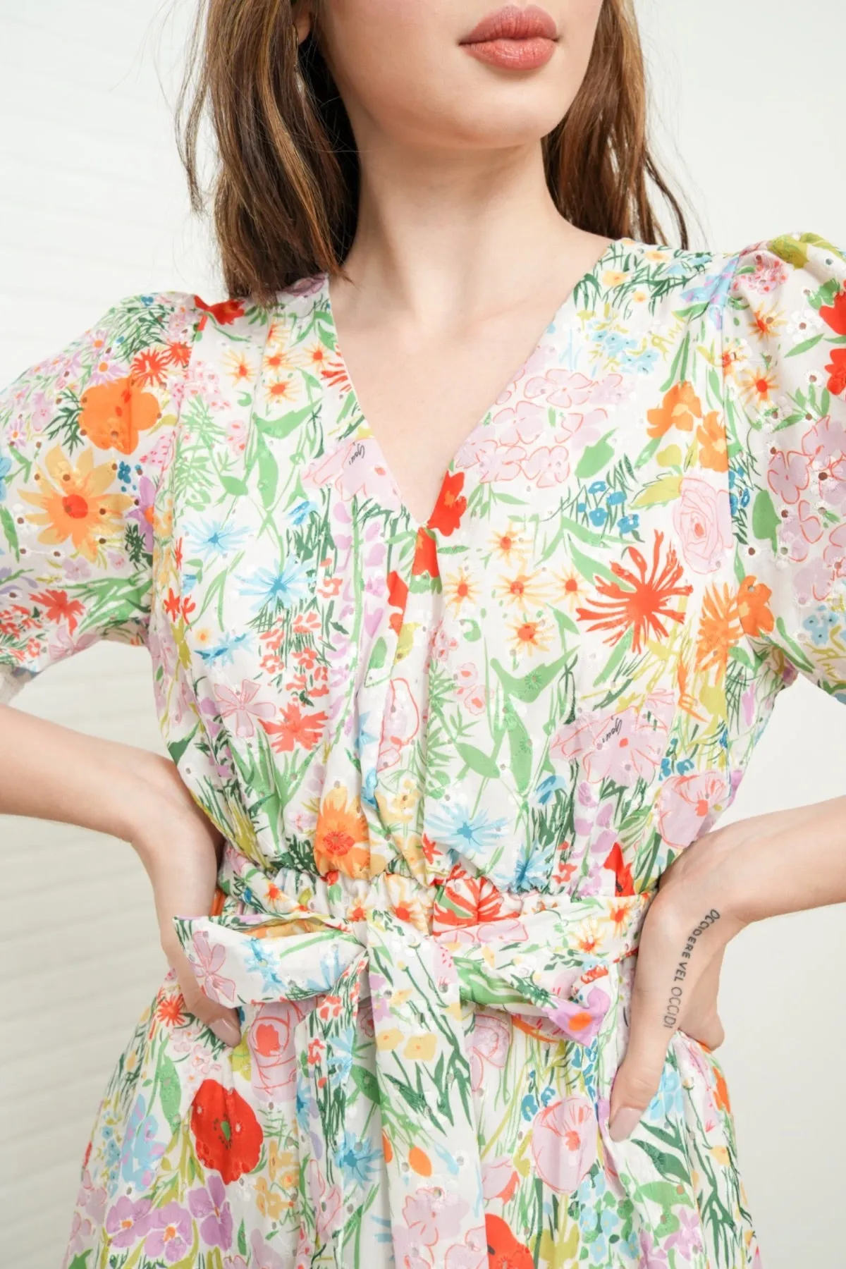 LENA Tie-Waist Tiered Broderie Floral Dress