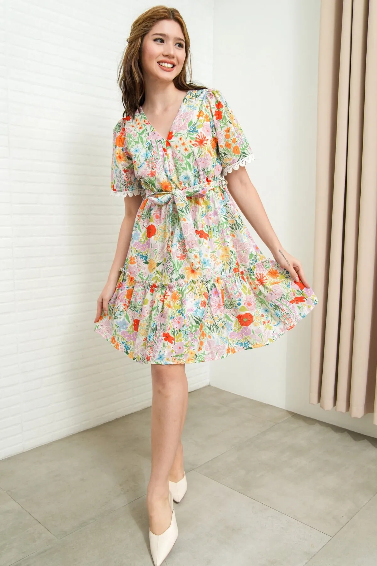 LENA Tie-Waist Tiered Broderie Floral Dress