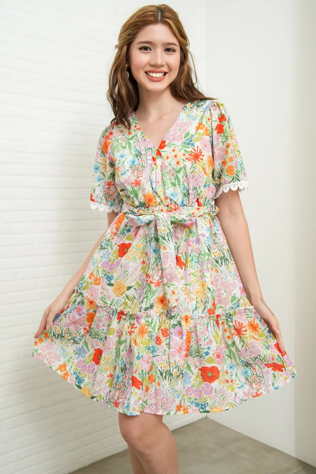LENA Tie-Waist Tiered Broderie Floral Dress