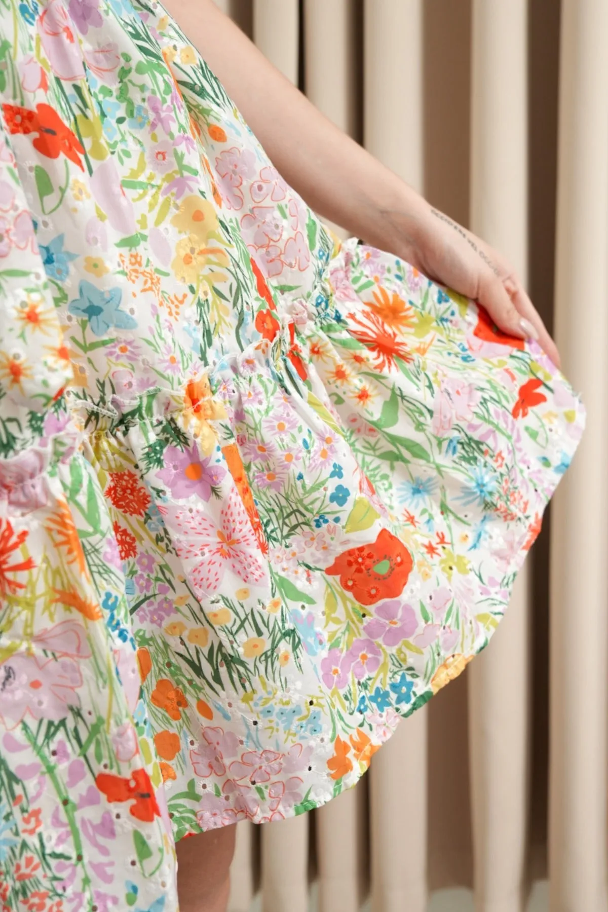 LENA Tie-Waist Tiered Broderie Floral Dress