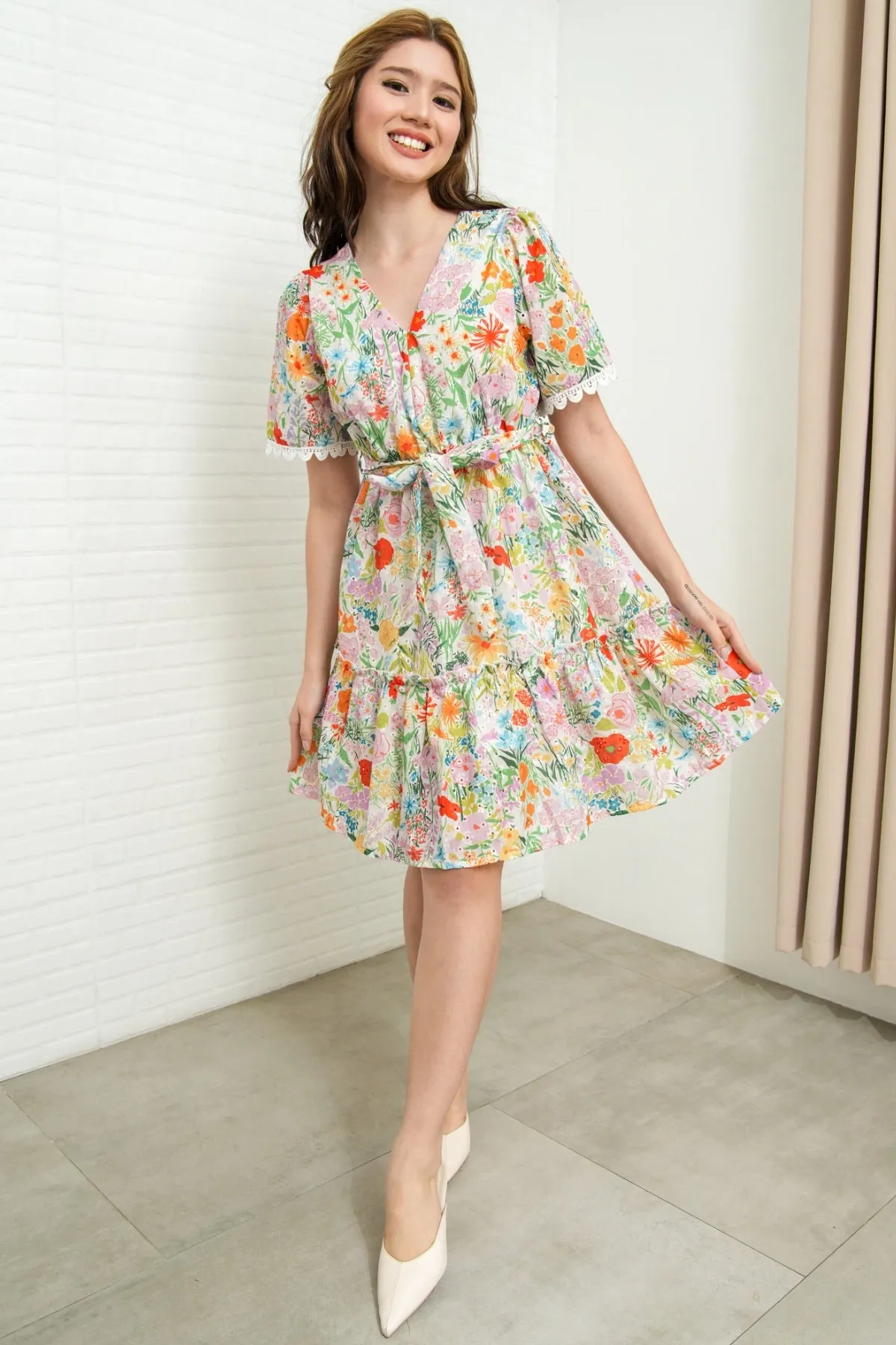 LENA Tie-Waist Tiered Broderie Floral Dress