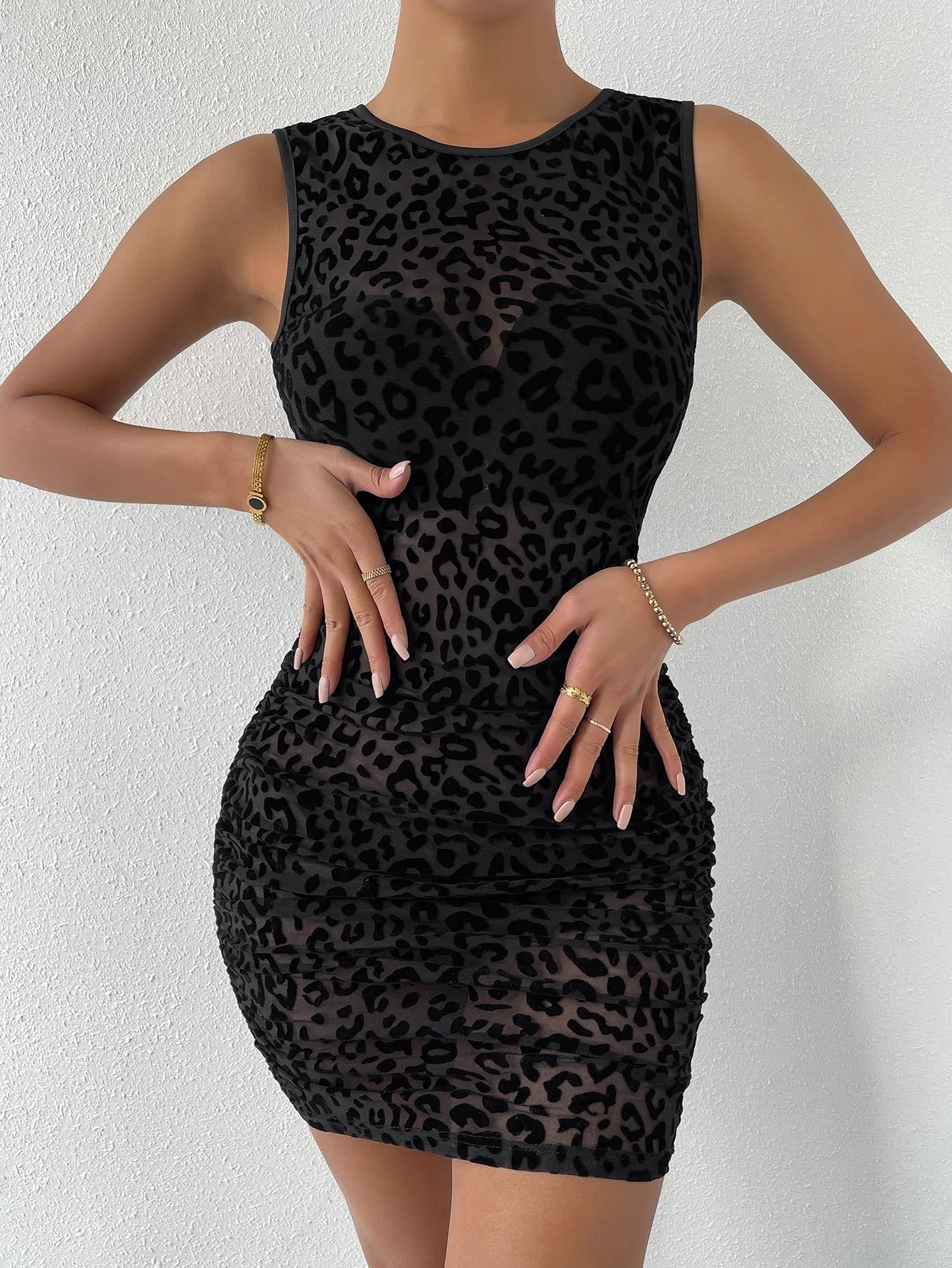 Leopard Print Ruched Tie Front Mesh Bodycon Dress