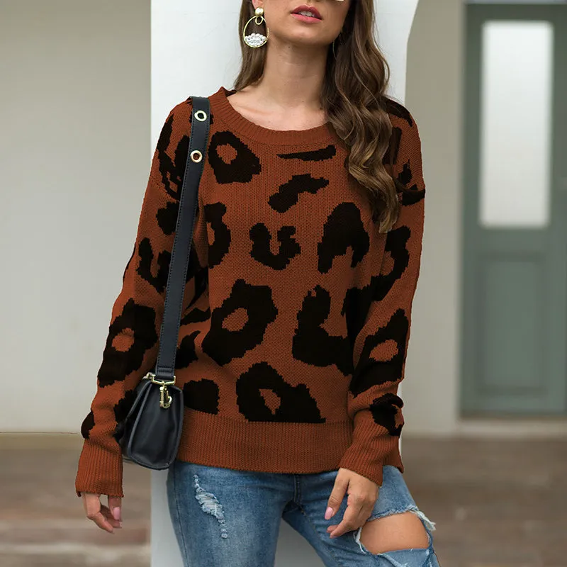 Leopard Sweater Round Neck Loose Pullover Sweater