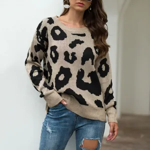 Leopard Sweater Round Neck Loose Pullover Sweater