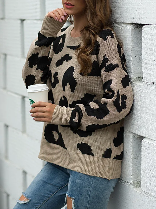 Leopard Sweater Round Neck Loose Pullover Sweater