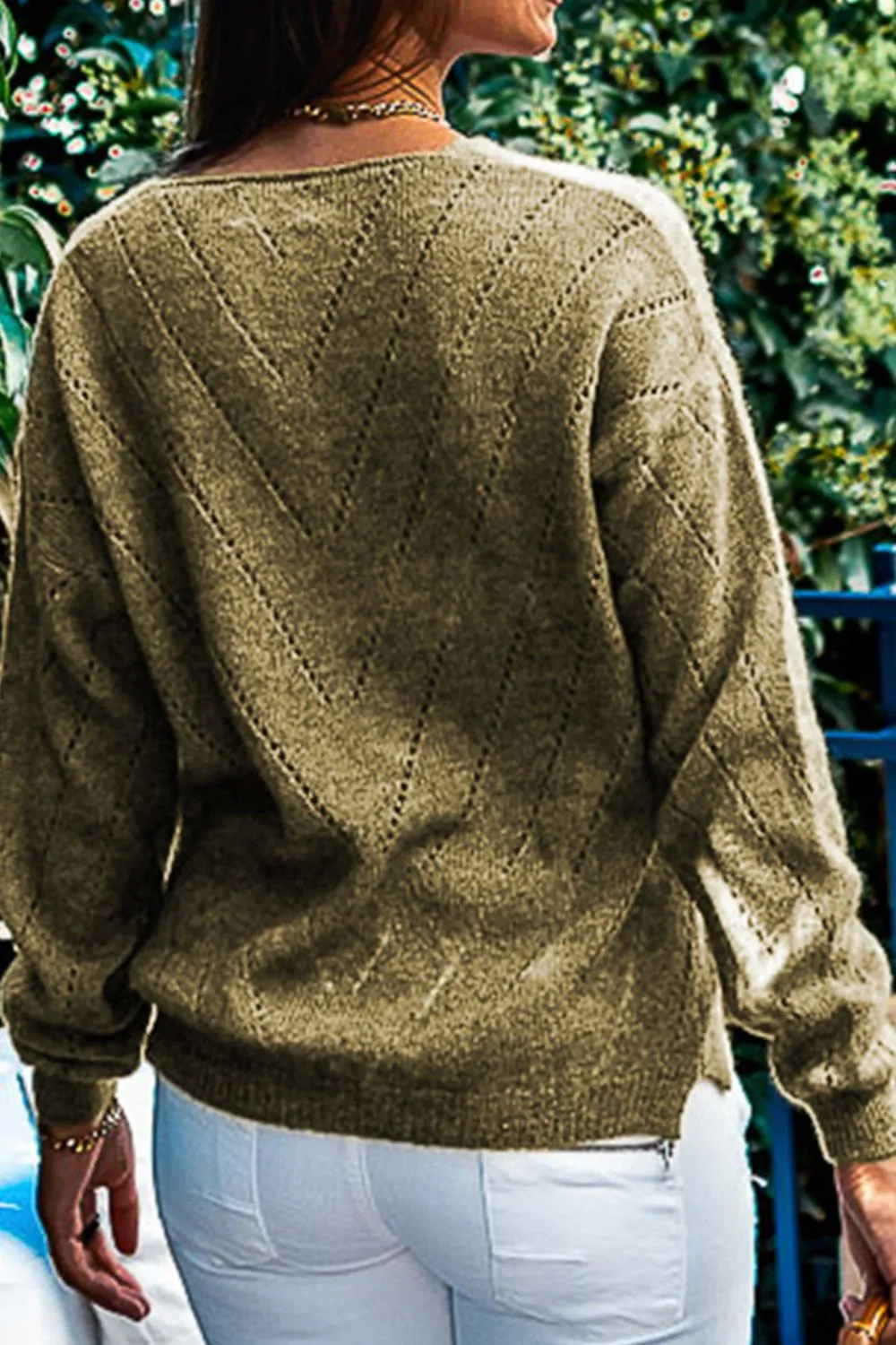 Lex Openwork V-Neck Long Sleeve Sweater