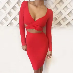 Long Sleeve Autumn Winter Women Criss Night Club Wear Bandage Bodycon Party Dresses White Black Red Blue Women Clothing