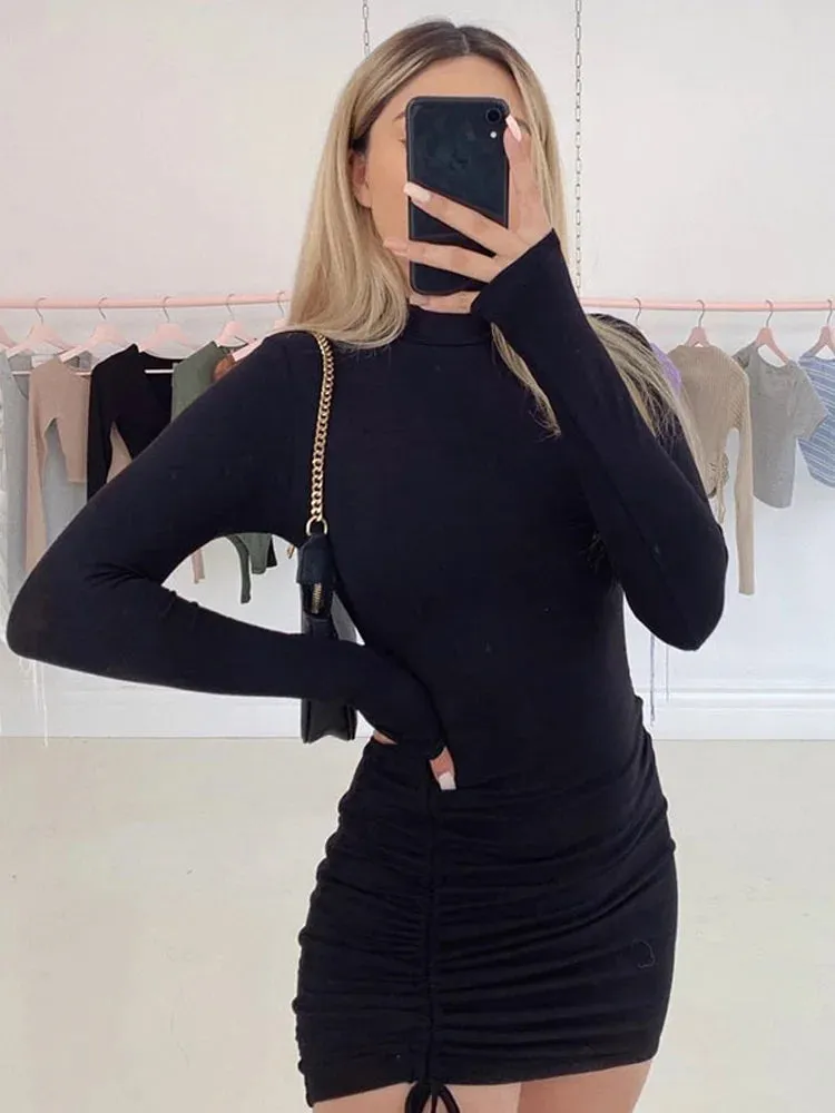 Long Sleeve Turtleneck Ruched Bodycon Party Mini Dresses