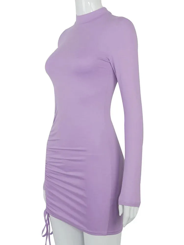 Long Sleeve Turtleneck Ruched Bodycon Party Mini Dresses