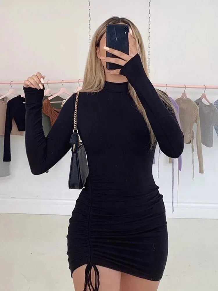 Long Sleeve Turtleneck Ruched Bodycon Party Mini Dresses