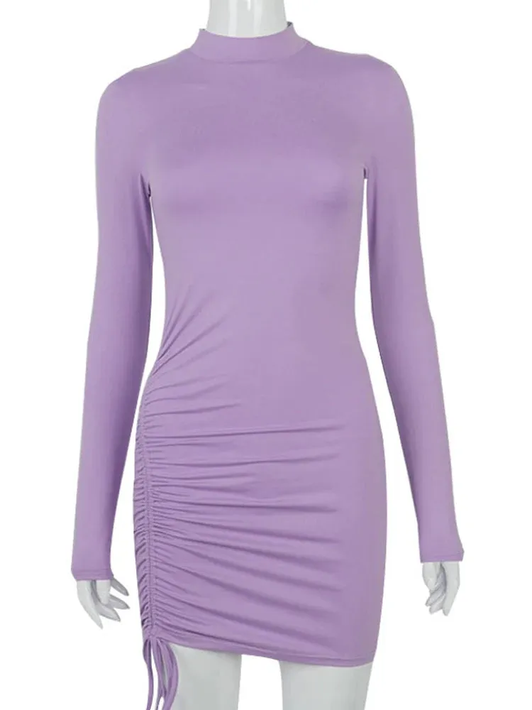 Long Sleeve Turtleneck Ruched Bodycon Party Mini Dresses