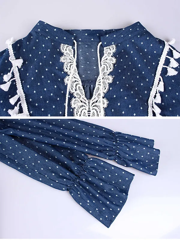 Long-sleeved Denim Shirt Female Lace Stitching V-neck Drawstring Shirt