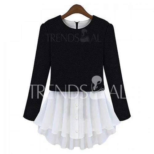 Long Sleeves Round Neck Chiffon Stitching Plicated Ruffles Buttons Embellished Stylish Women's Sweater - Black S