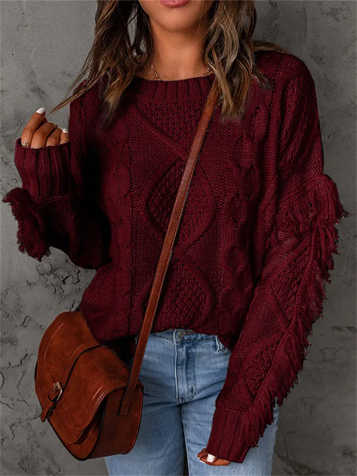 Loose-fitting Turtleneck Fringe Solid Color Pullover Knit Sweater for Women