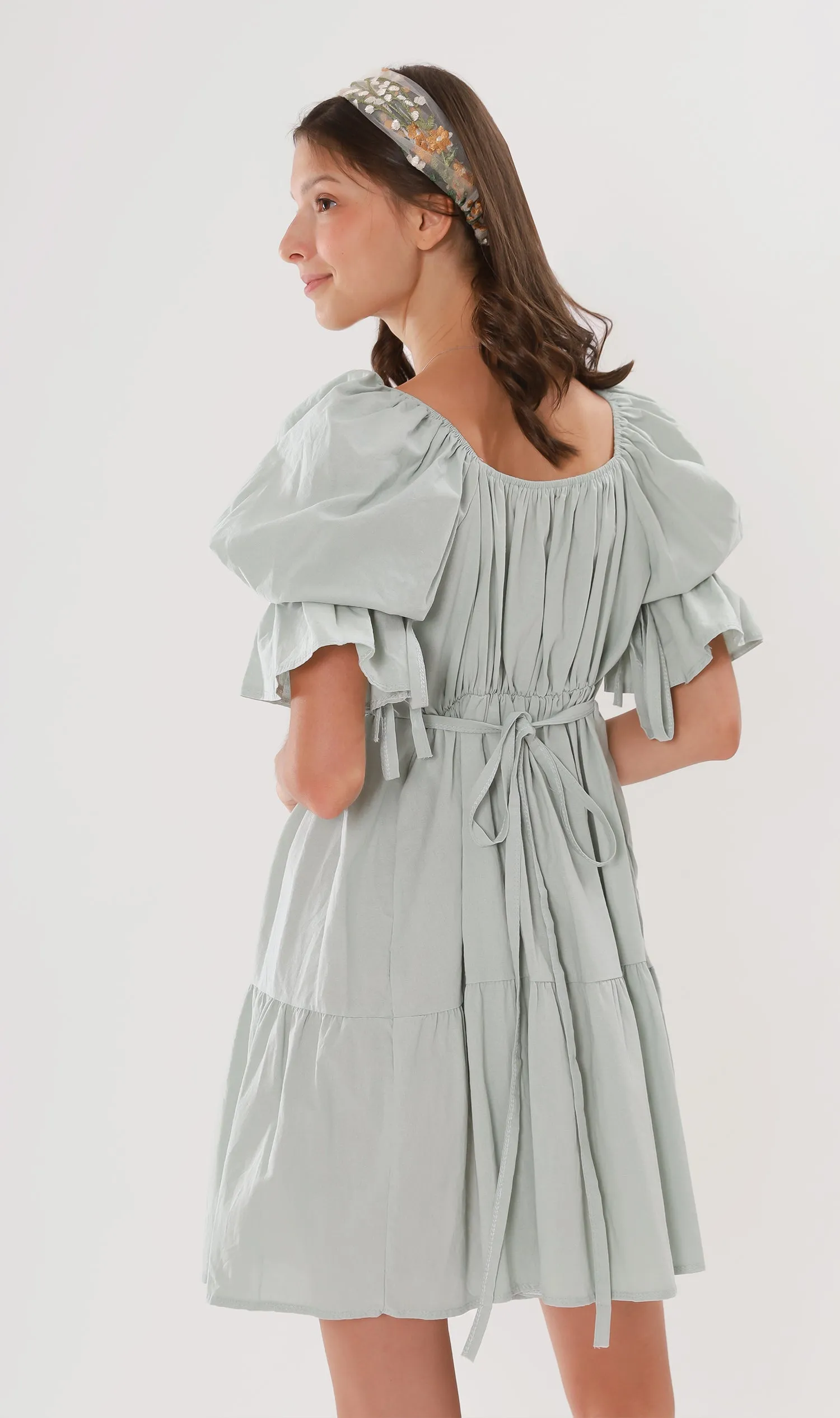 MADILYN Tiered Tie Puff-Sleeve Dress (Mint)