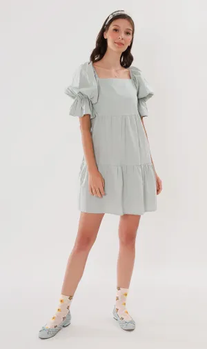MADILYN Tiered Tie Puff-Sleeve Dress (Mint)