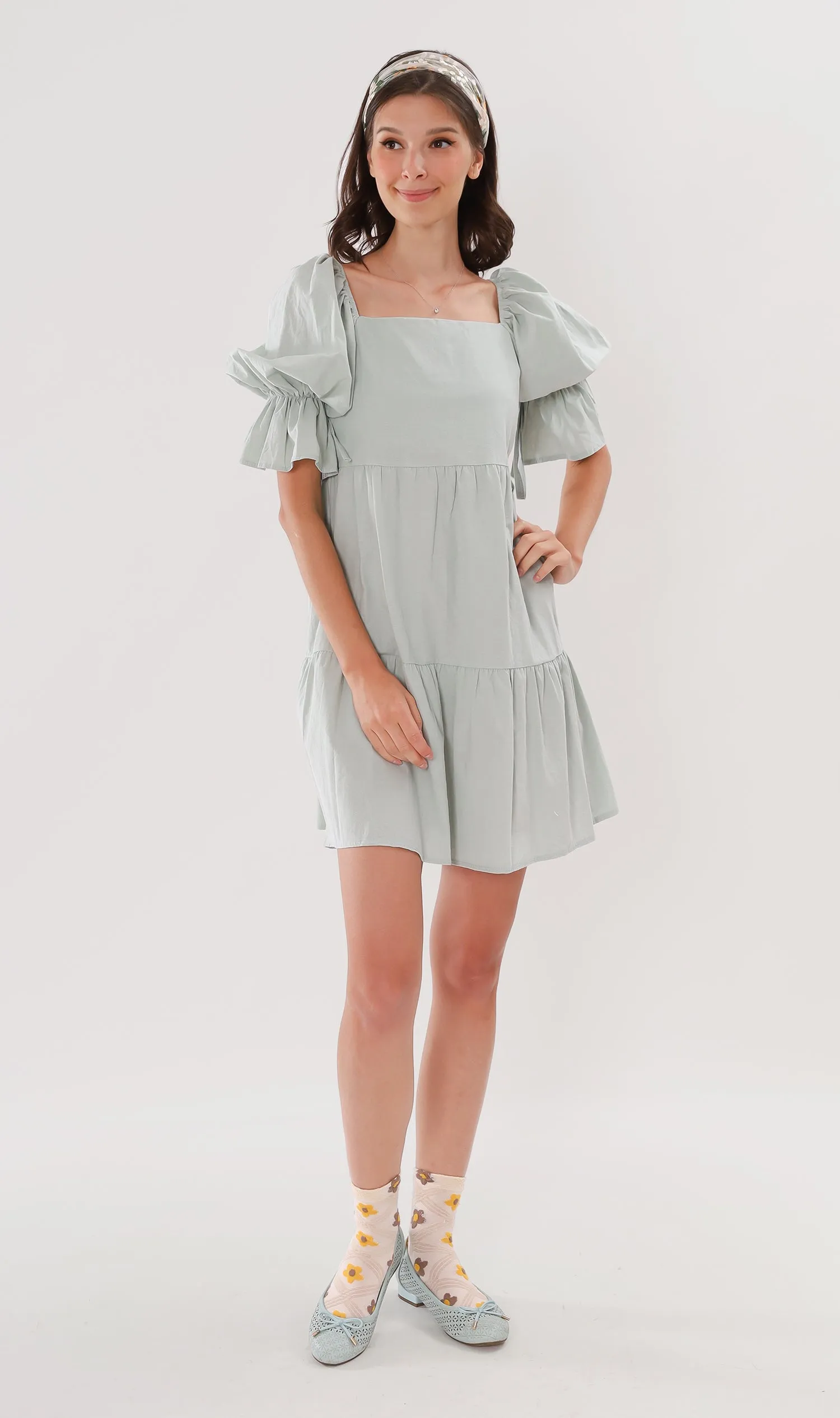 MADILYN Tiered Tie Puff-Sleeve Dress (Mint)