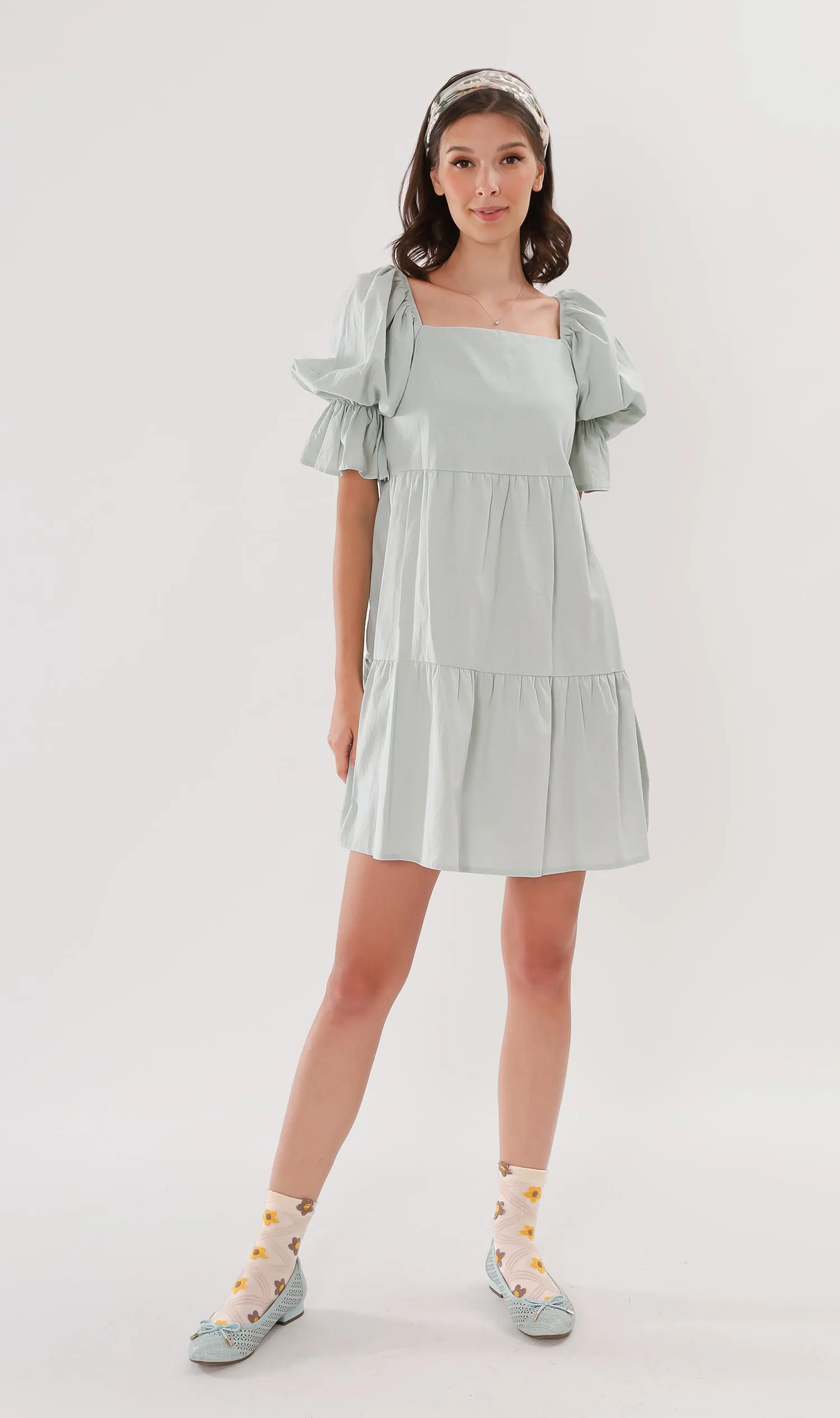 MADILYN Tiered Tie Puff-Sleeve Dress (Mint)