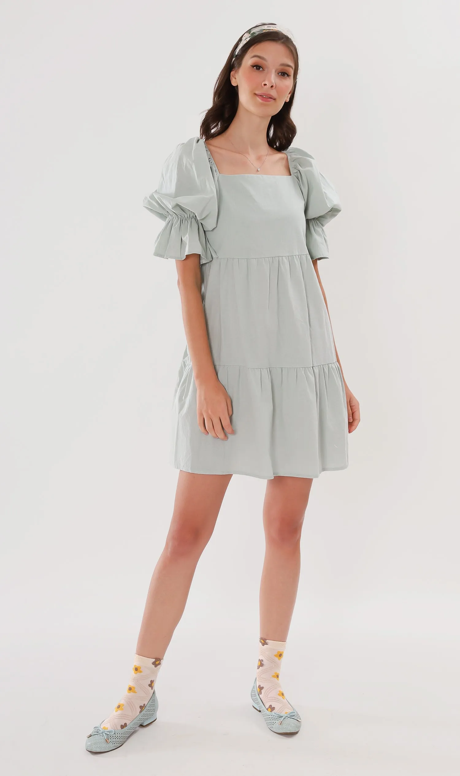 MADILYN Tiered Tie Puff-Sleeve Dress (Mint)