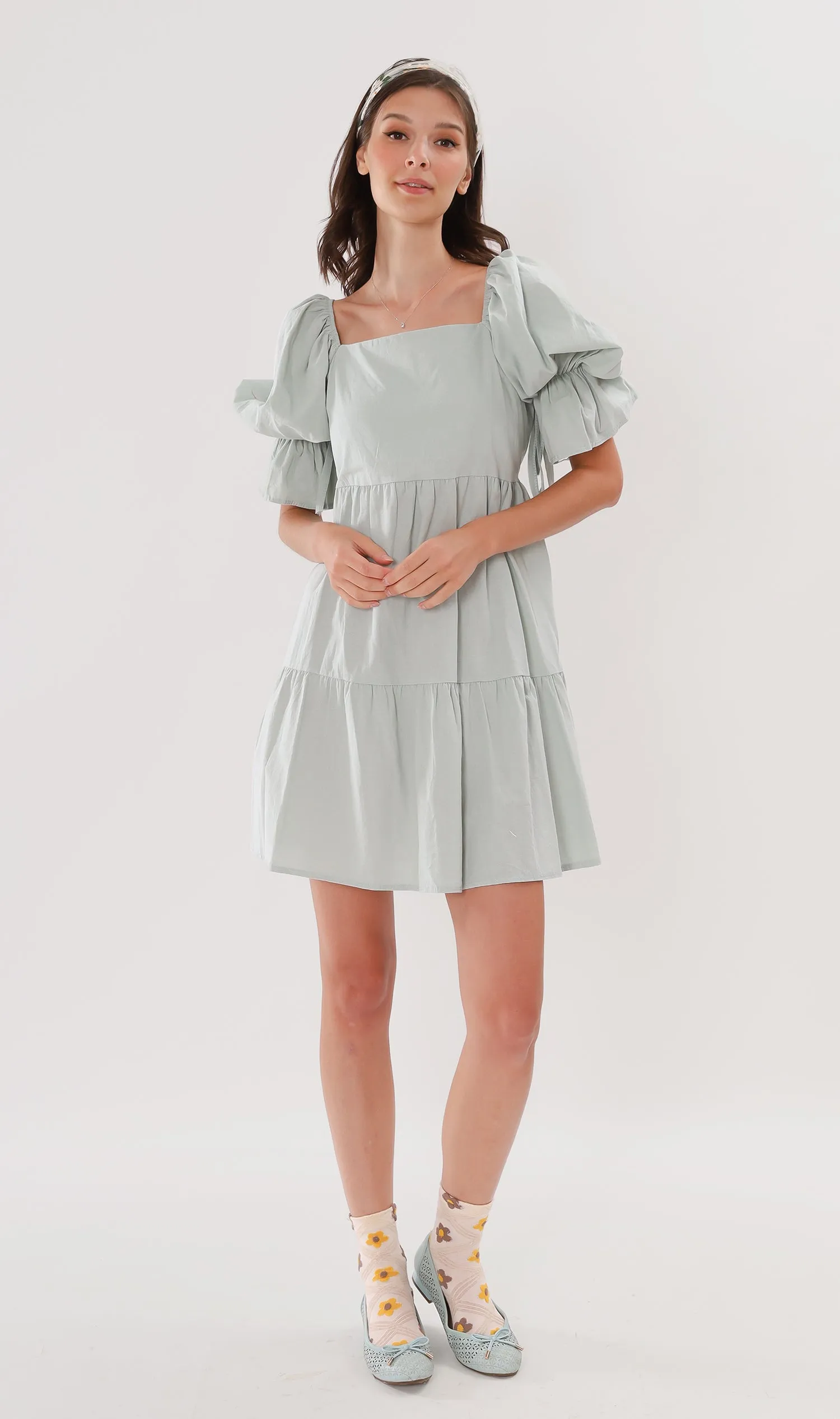 MADILYN Tiered Tie Puff-Sleeve Dress (Mint)