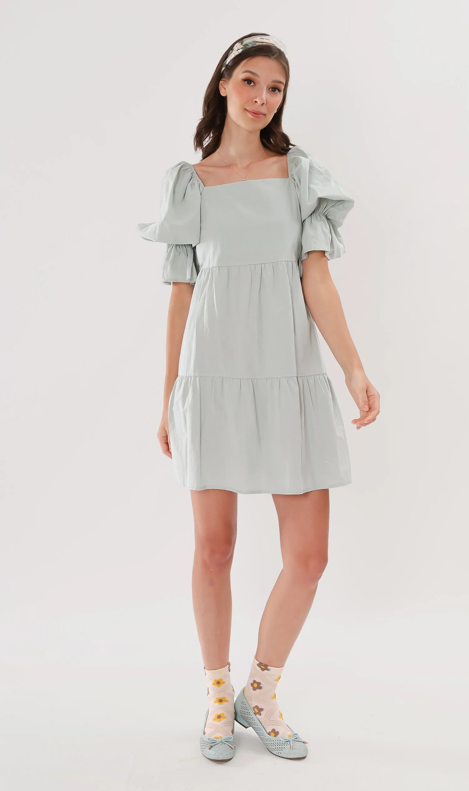 MADILYN Tiered Tie Puff-Sleeve Dress (Mint)