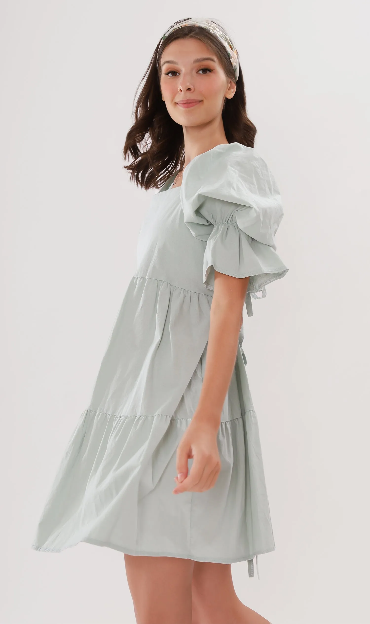MADILYN Tiered Tie Puff-Sleeve Dress (Mint)