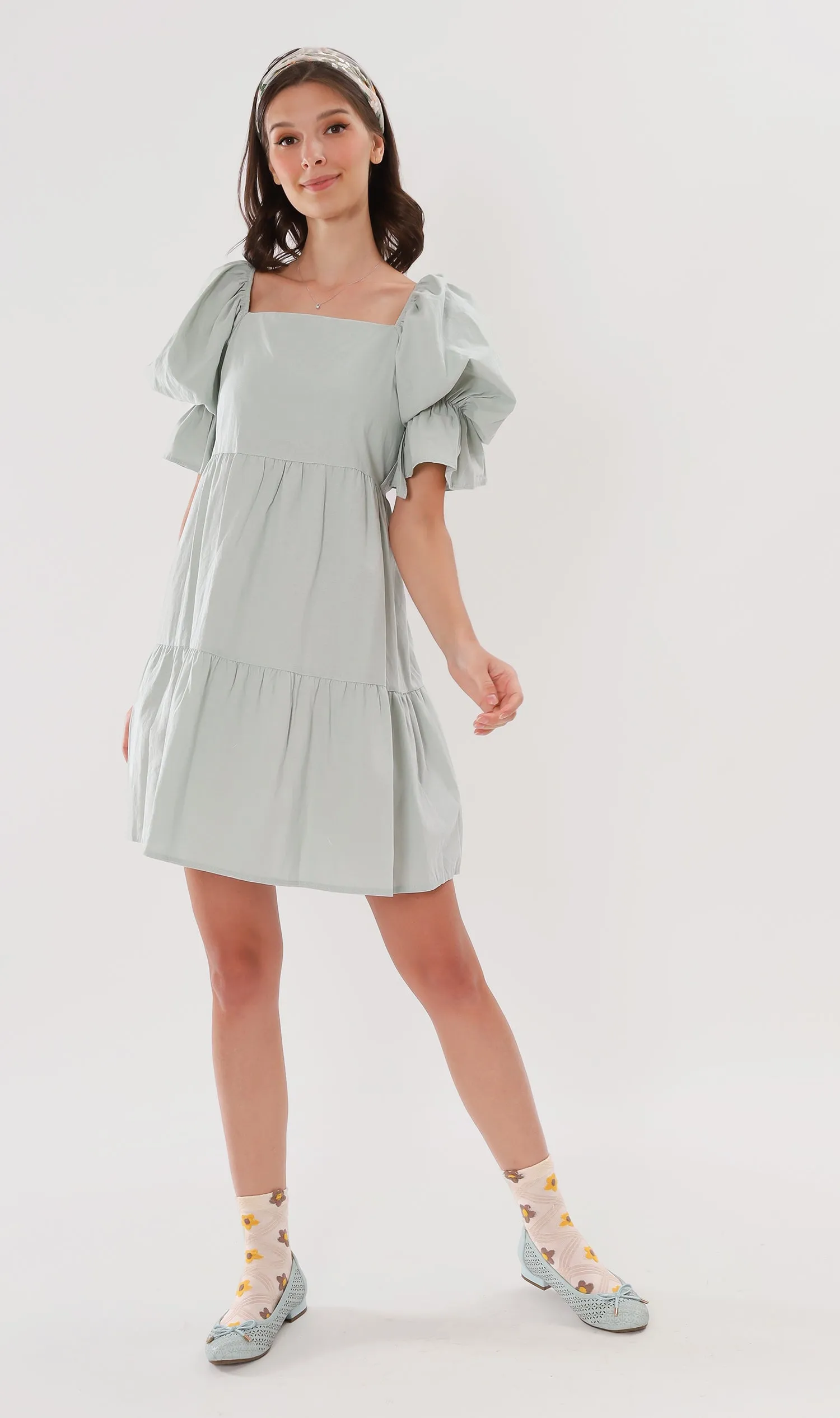 MADILYN Tiered Tie Puff-Sleeve Dress (Mint)