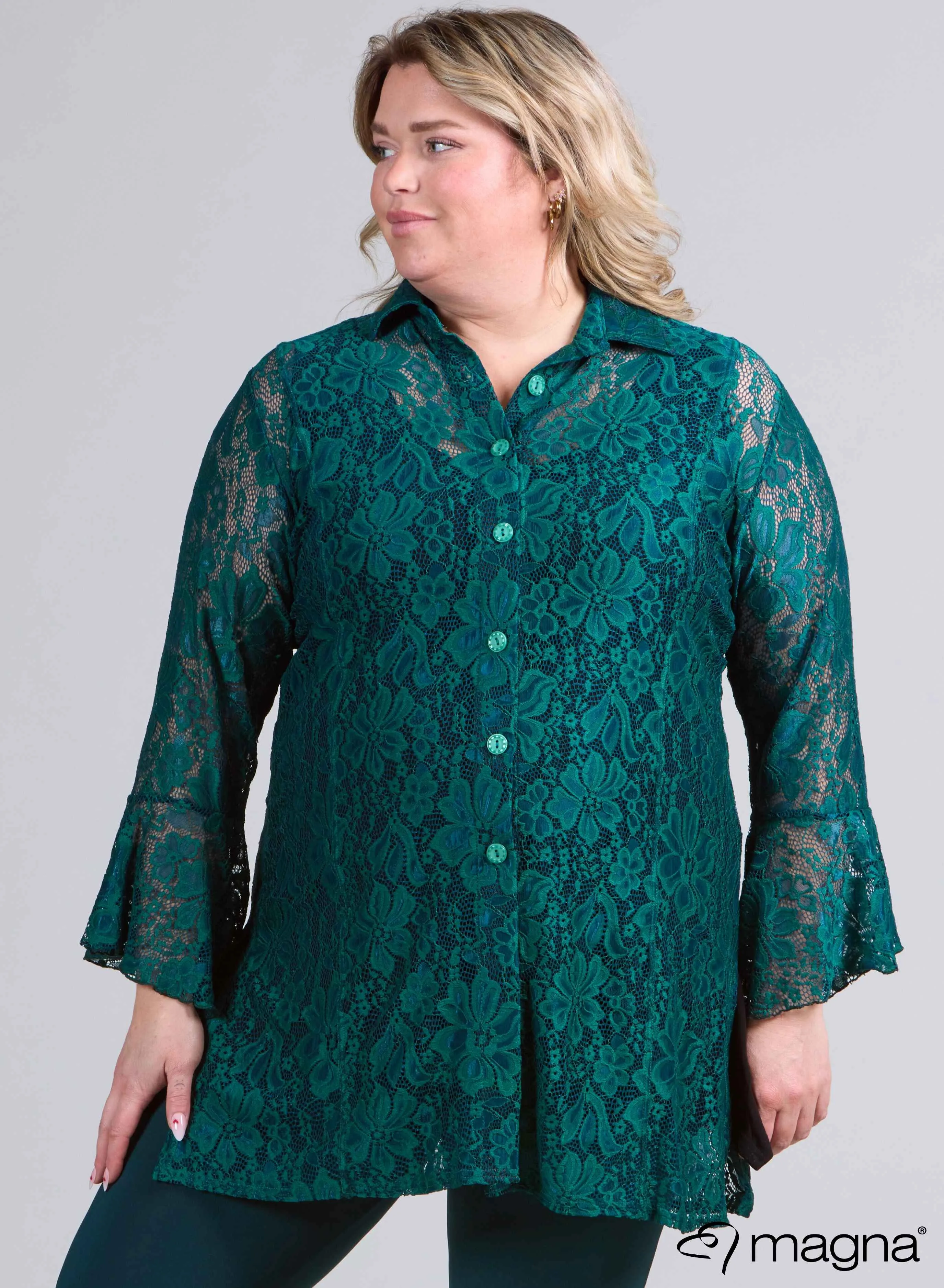 Magna Long Lace Buttoned Blouse Bottle Green