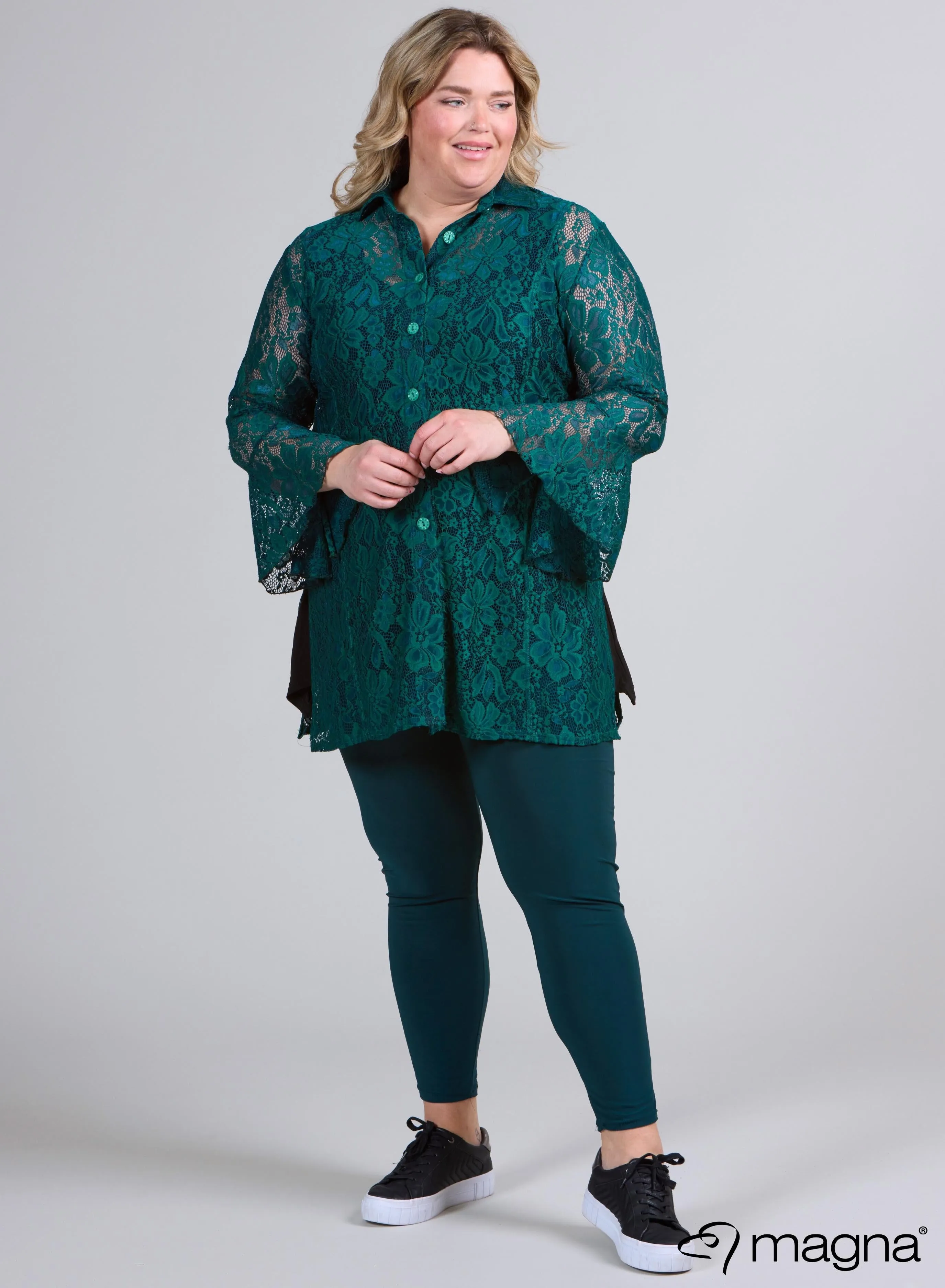 Magna Long Lace Buttoned Blouse Bottle Green