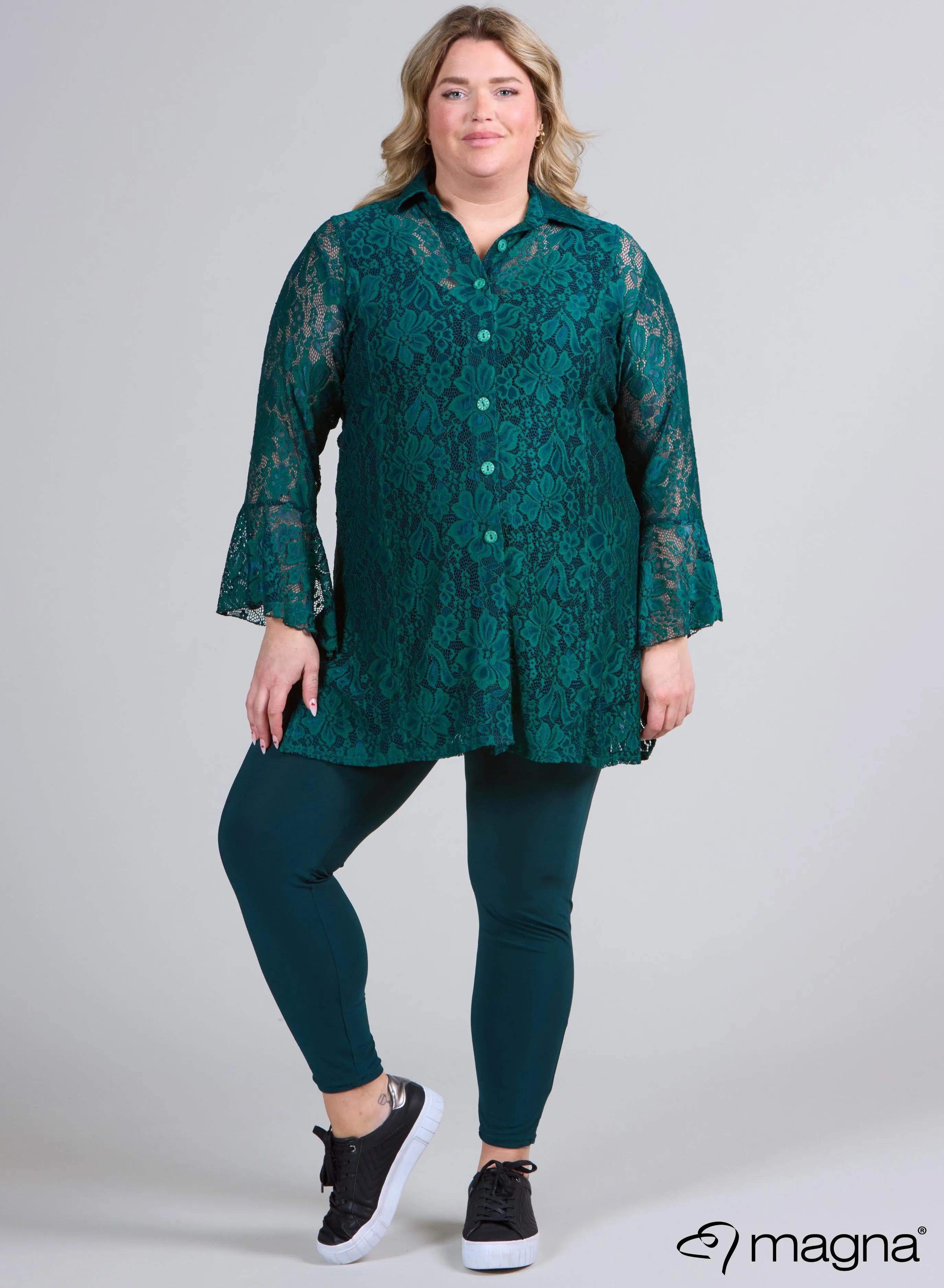 Magna Long Lace Buttoned Blouse Bottle Green
