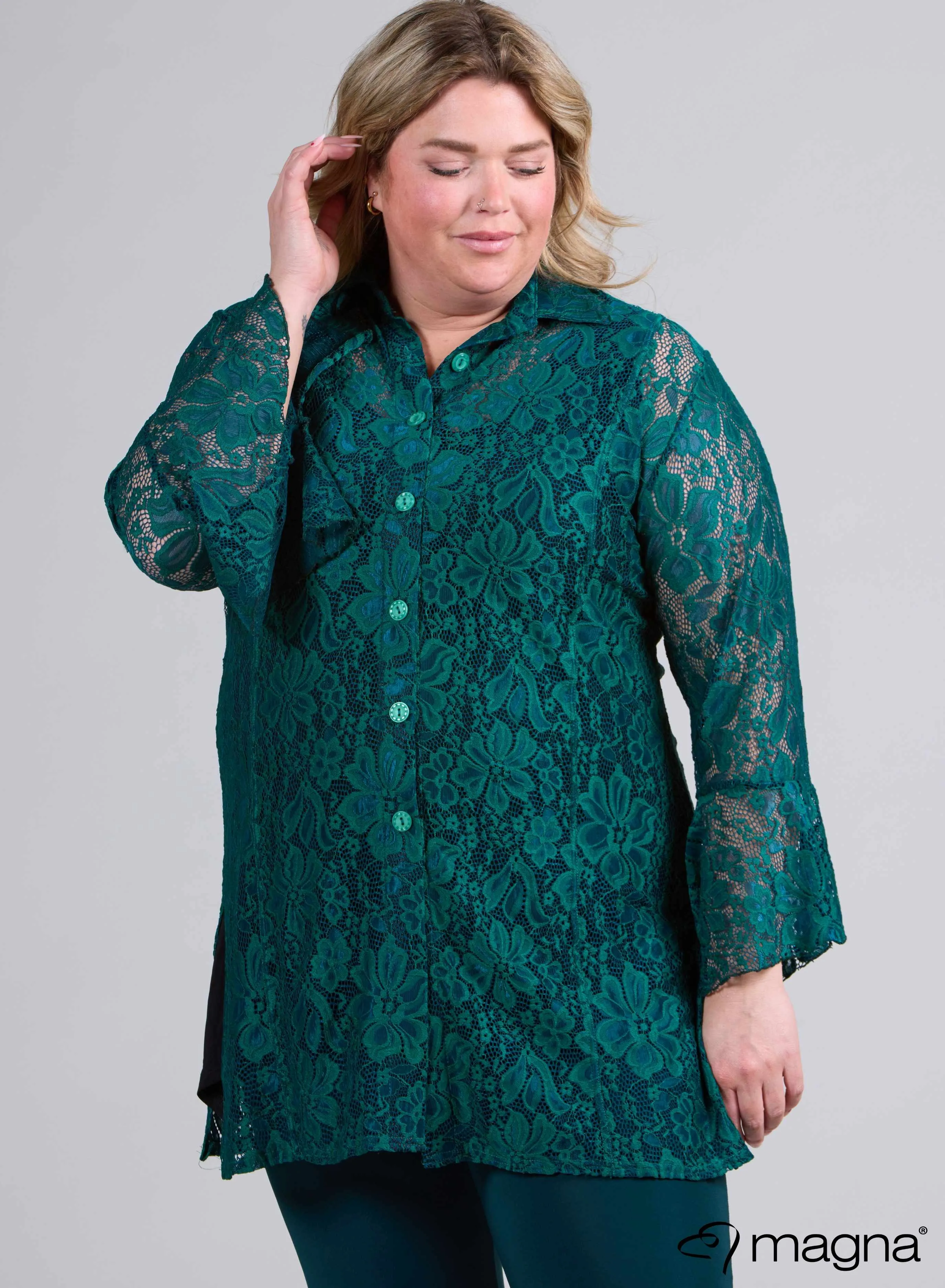 Magna Long Lace Buttoned Blouse Bottle Green
