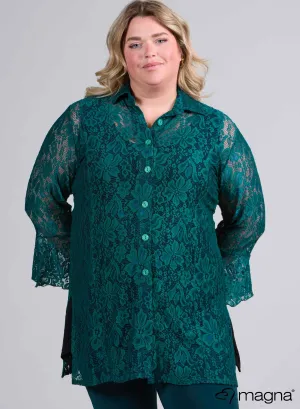 Magna Long Lace Buttoned Blouse Bottle Green