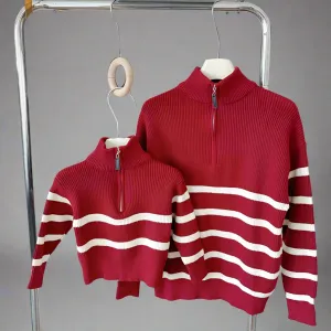 Matching Family Red Stripe Knit Sweaters  Half-Zip Pullover for Mom, Dad, and Kids