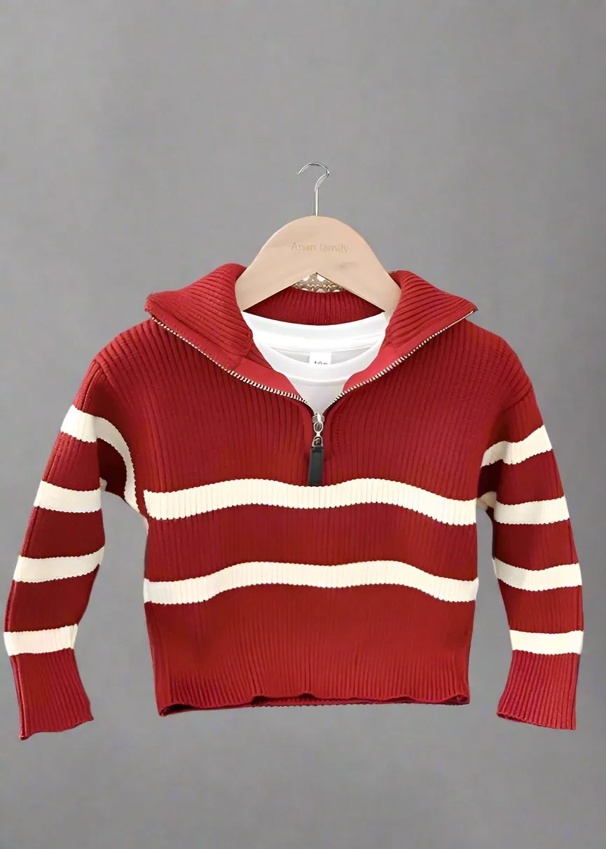 Matching Family Red Stripe Knit Sweaters  Half-Zip Pullover for Mom, Dad, and Kids