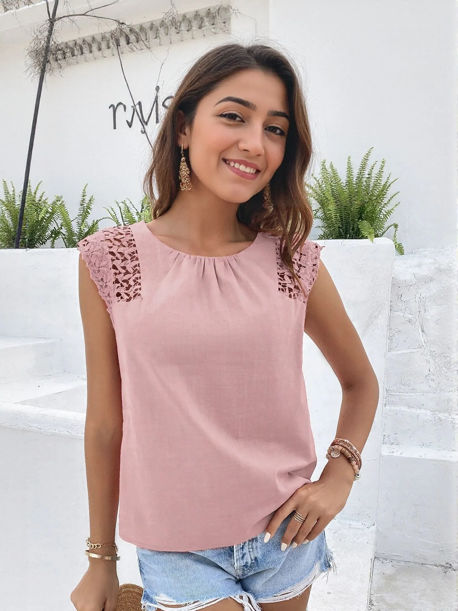 Mauve Top With Lace Insert Detail
