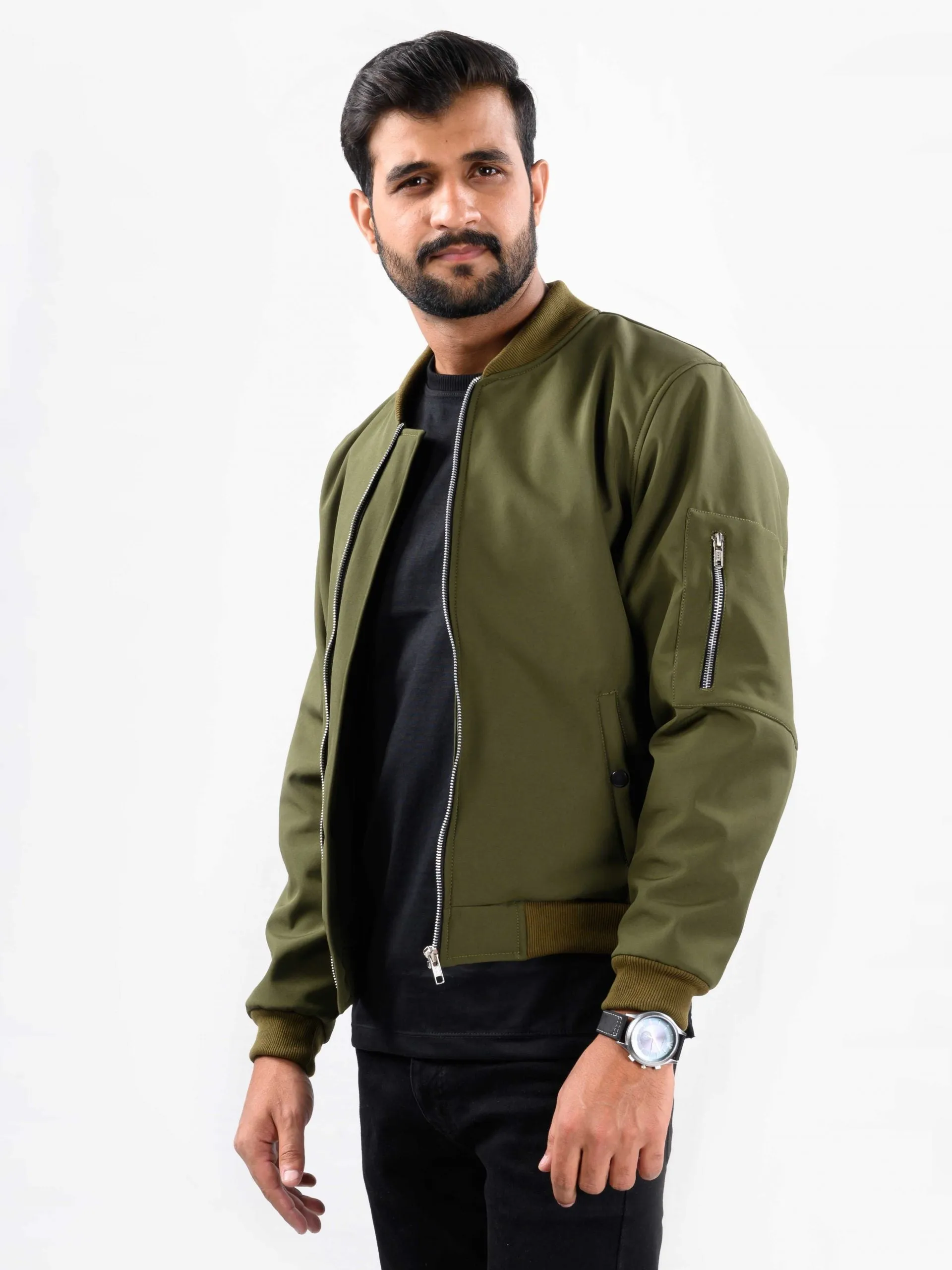 Men Olive Bomber Jacket
