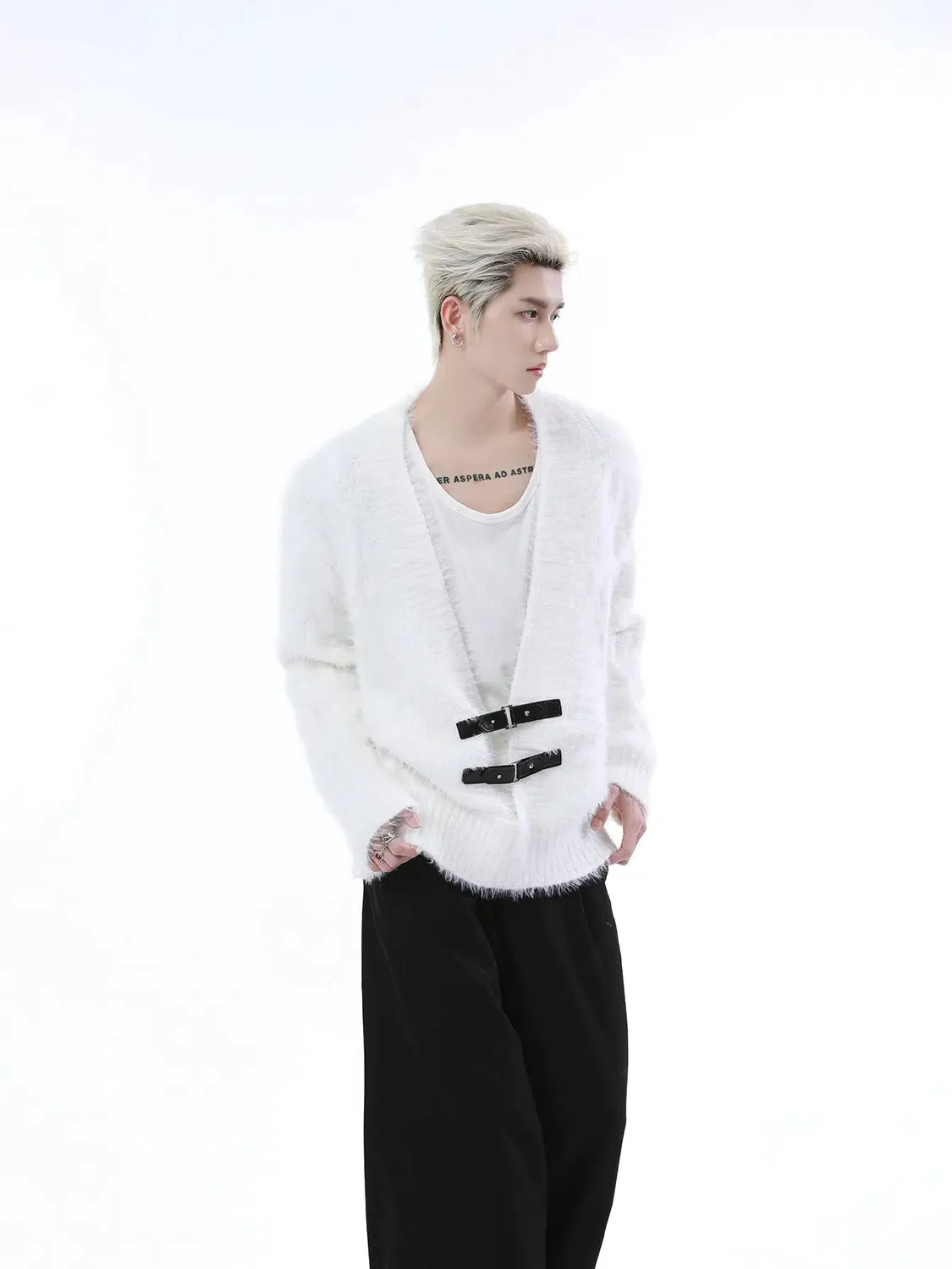 Metal Buckle V-Neck Mink Sweater