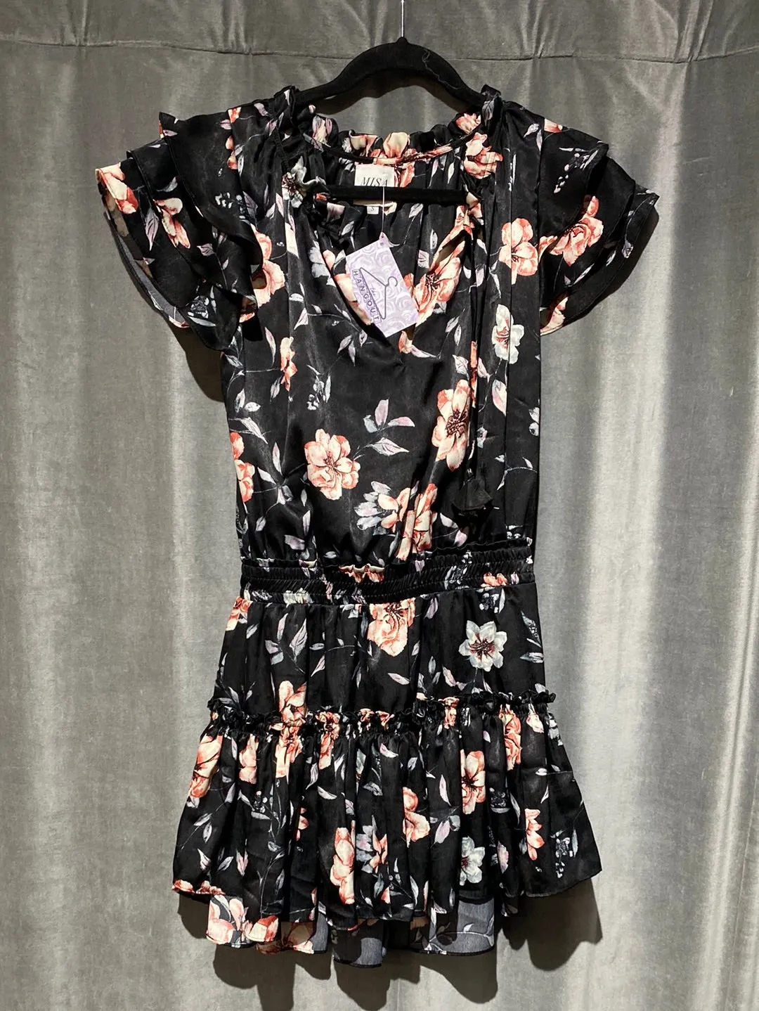 MISA Navy Elsatic Off the Shoulder Ruffle Mini Dress with 3/4" Sleeve