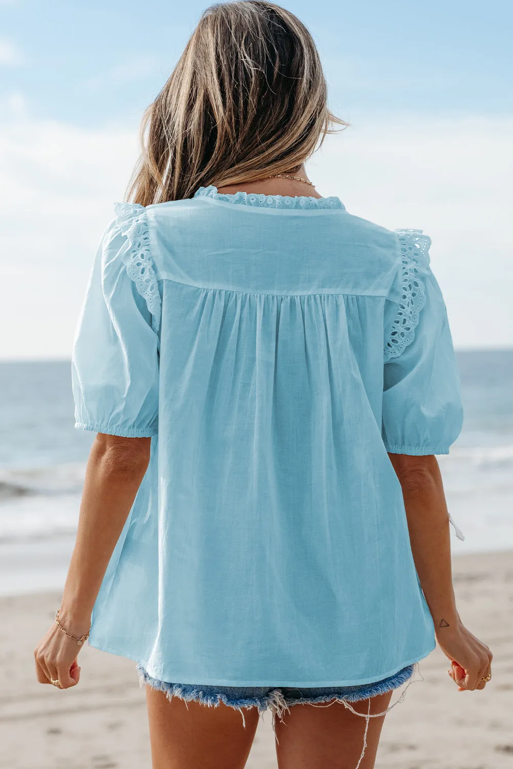 Mist Blue Embroidered Lace Patchwork Tie Neck Puff Short Sleeve Blouse