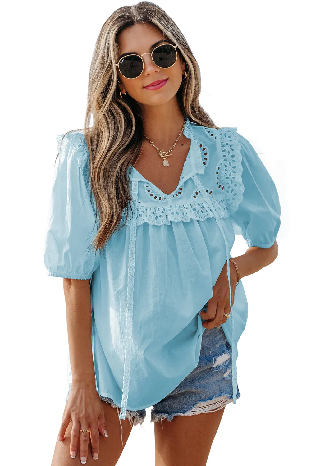 Mist Blue Embroidered Lace Patchwork Tie Neck Puff Short Sleeve Blouse