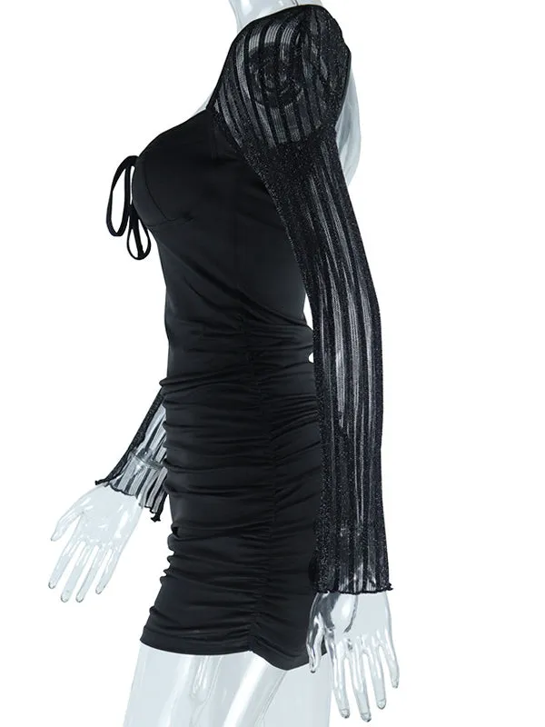 Momnfancy Black Cutout Backless Hip Bodycon Clubwear Striped Mesh Slit Sleeve Knot Party Maternity Mini Dress
