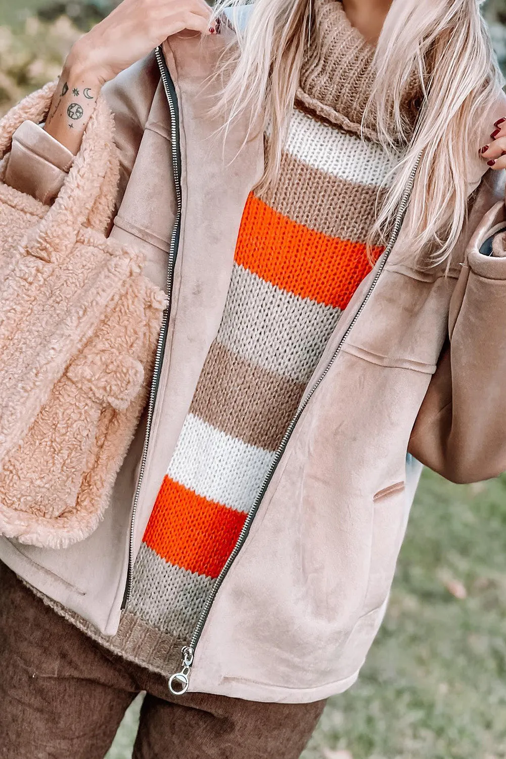 Multicolor Color Block Striped Knitted Drop Shoulder Turtleneck Sweater