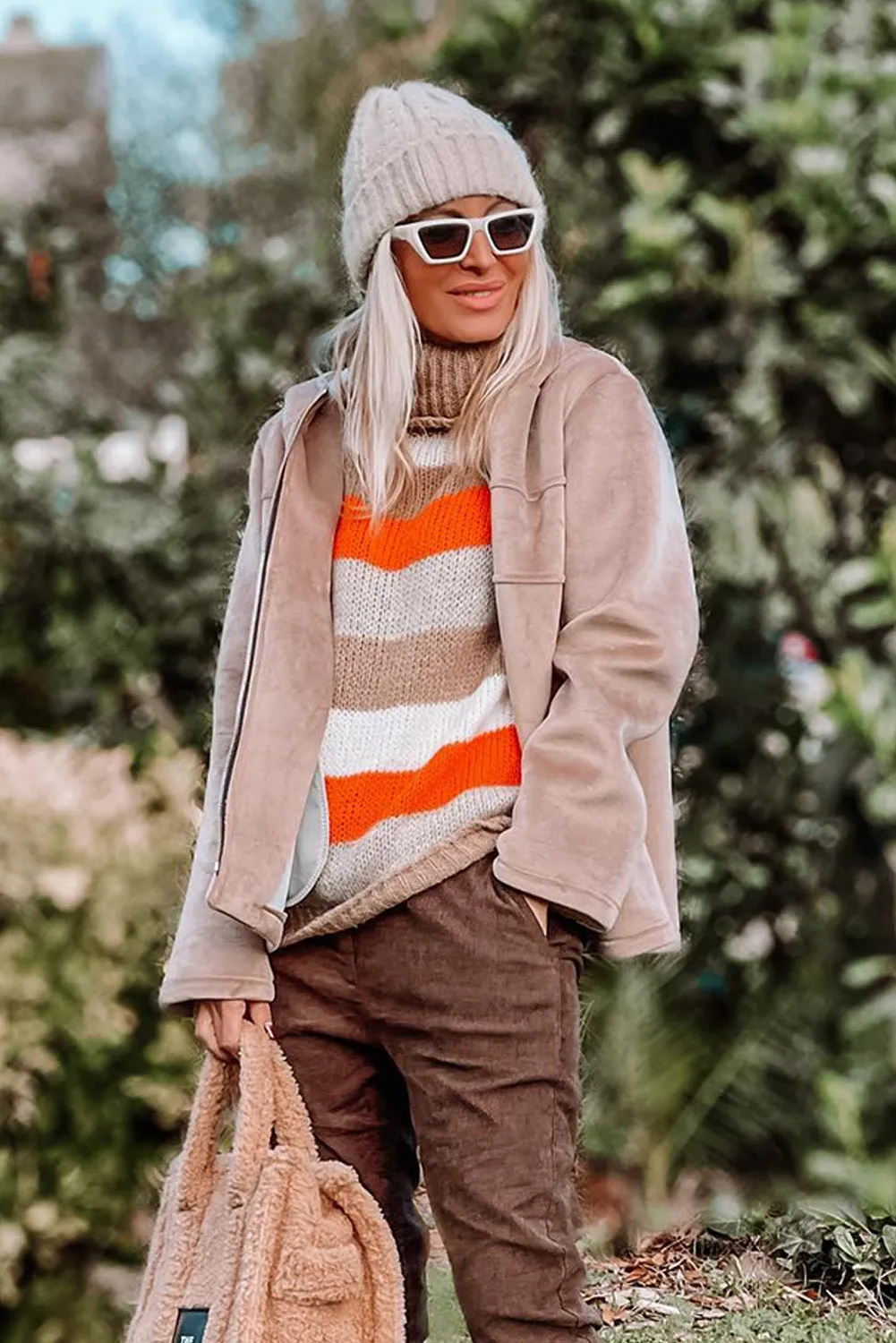 Multicolor Color Block Striped Knitted Drop Shoulder Turtleneck Sweater