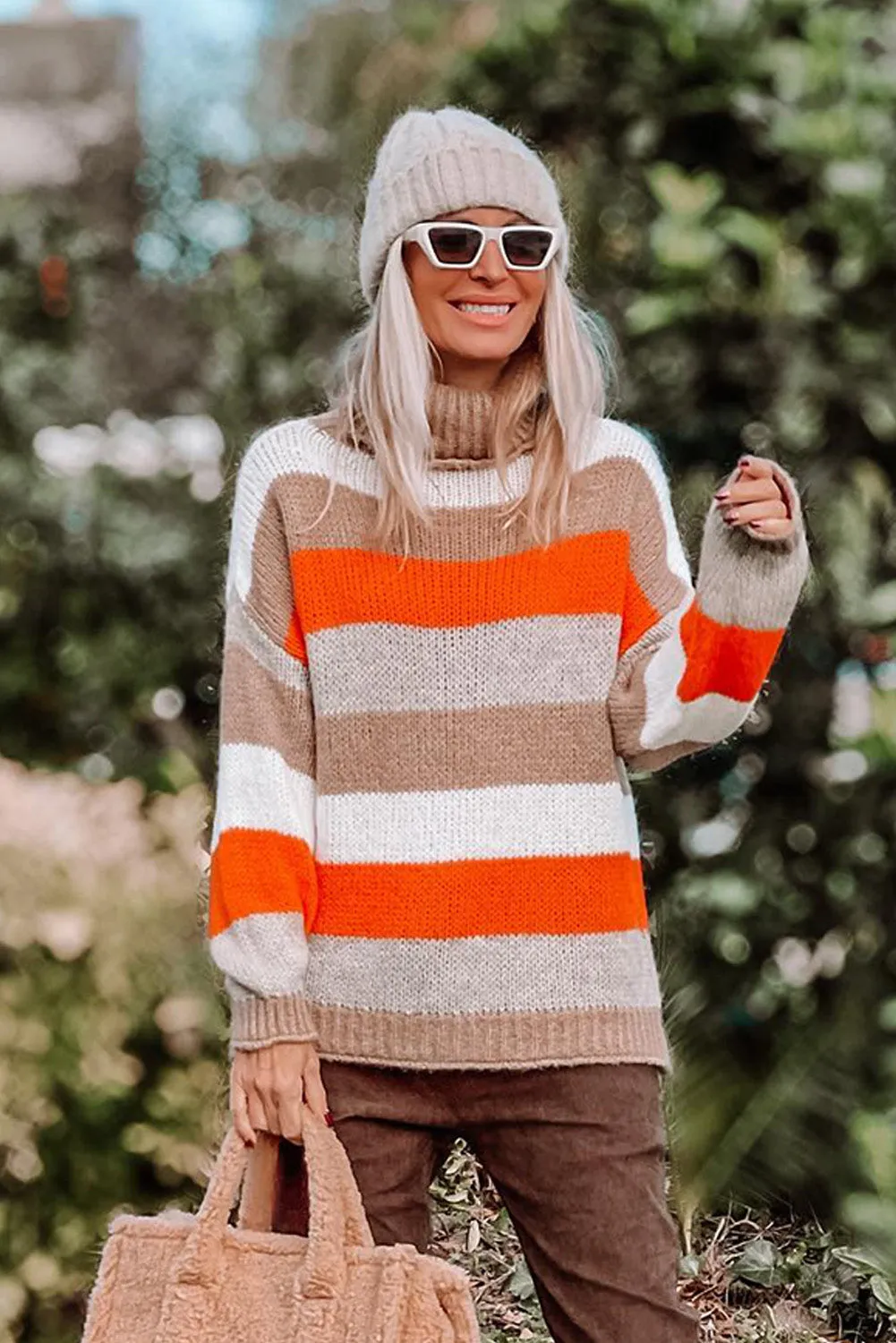 Multicolor Color Block Striped Knitted Drop Shoulder Turtleneck Sweater