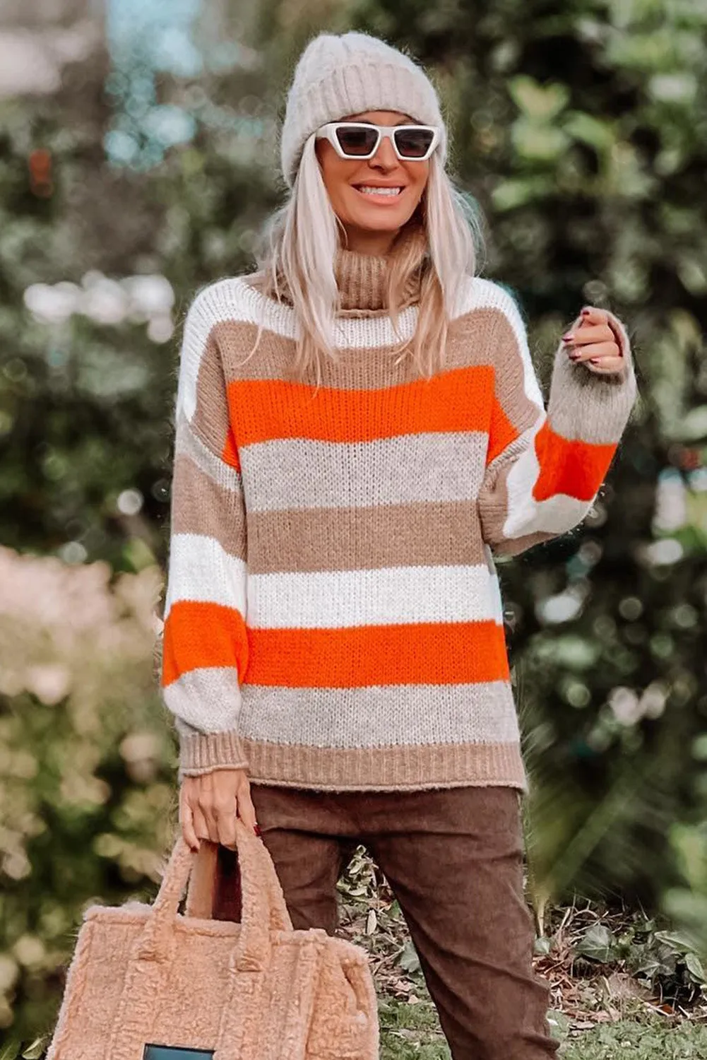Multicolor Color Block Striped Knitted Drop Shoulder Turtleneck Sweater