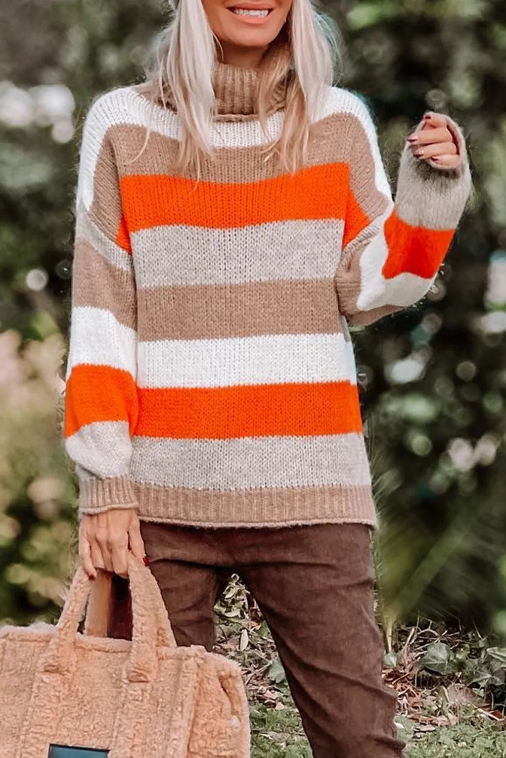 Multicolor Color Block Striped Knitted Drop Shoulder Turtleneck Sweater