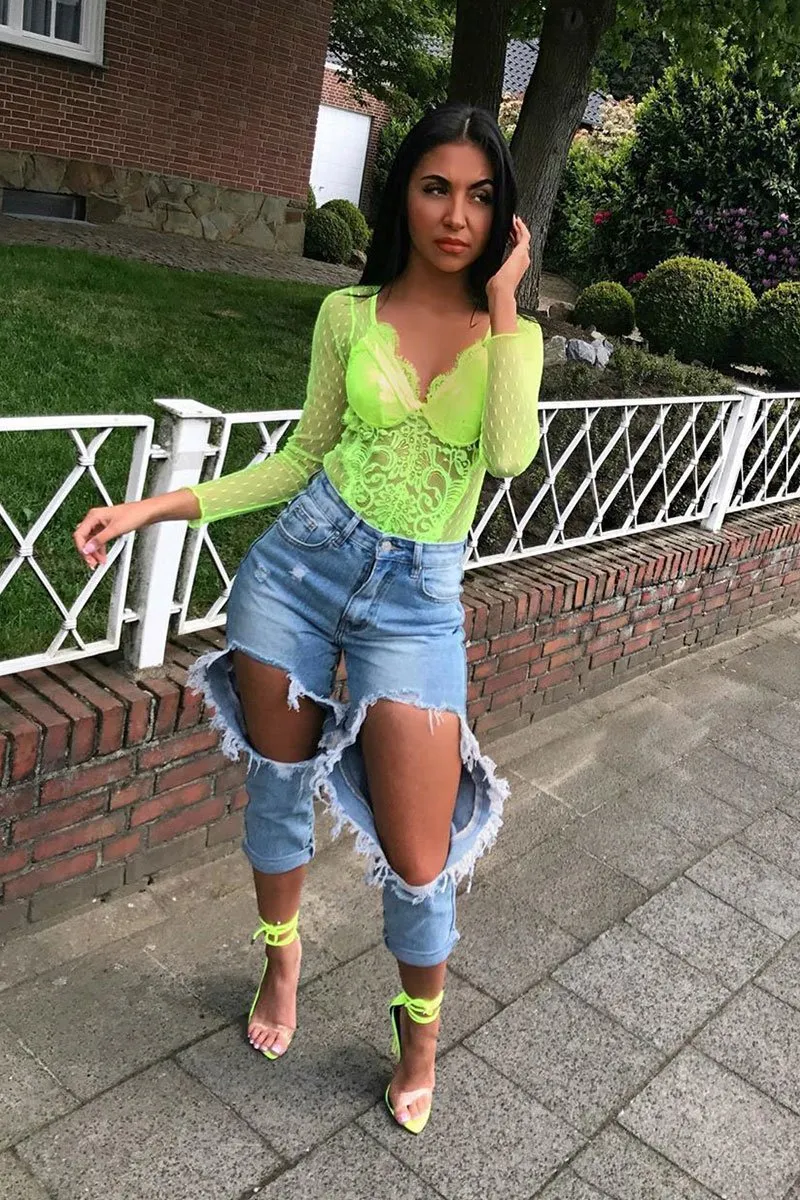 Neon Yellow Dobby Mesh Low Cut Bodysuit - Tamara